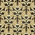 Gold textured floral Baroque 3d seamless pattern. Vector ornamental lace background. Repeat luxury grid lattice backdrop. Vintage