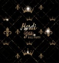 Gold textured Mardi Gras ball party invitation card with gold sparkling deco elements.