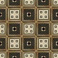 Gold textured plaid greek vector seamless pattern. Ornamental squares background. Repeat tribal ethnic style grid backdrop. Royalty Free Stock Photo