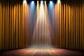 Gold theater curtain stage opening with spotlight performance lights showing Royalty Free Stock Photo