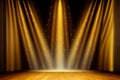 Gold theater curtain stage opening with spotlight performance lights showing Royalty Free Stock Photo