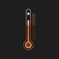 Gold Thermometer with scale measuring heat and cold, with sun and snowflake icon isolated on black background. Long Royalty Free Stock Photo