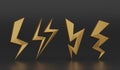 Gold Thunder and Bolt Lighting Flash Icons Set isolate on black background. Golden Thunder Symbol in 3D rendering