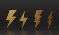Gold Thunder and Bolt Lighting Flash Icons Set isolate on black background. Golden Thunder Symbol in 3D rendering