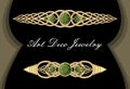 Gold tie pin in art deco style, antiquarian clasp with green gems smaragd, luxurious hair clip