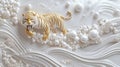 Golden Tiger 3D Relief with Pearl Bubbles and White Waves Royalty Free Stock Photo