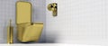 Gold toilet bowl and accessories on white tiled wall and floor background, banner. 3d illustration Royalty Free Stock Photo