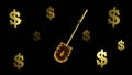 Gold toilet brush and dollar signs on a black background. Excessive luxury concept. 3D rendering