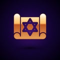 Gold Torah scroll icon isolated on black background. Jewish Torah in expanded form. Star of David symbol. Old parchment Royalty Free Stock Photo