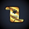 Gold Torah scroll icon isolated on black background. Jewish Torah in expanded form. Star of David symbol. Old parchment Royalty Free Stock Photo