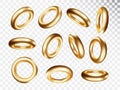 Gold Torus in various projections set isolated on transparent background. Gold realictick 3d primitives model for trendy