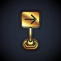 Gold Traffic sign turn right warning attention icon isolated on black background. Traffic rules and safe driving. Vector Royalty Free Stock Photo