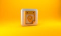 Gold Travel planning calendar icon isolated on yellow background. A planned holiday trip. Silver square button. 3D