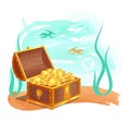 Gold Treasures in Wooden Chest at Ocean Bottom Royalty Free Stock Photo