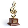 Gold treble clef s trophy on white. Music award concept