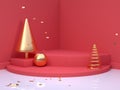 Gold cone tree red scene wall floor corner abstract minimal christmas holiday new year concept 3d rendering