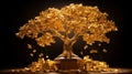 3D rendering of golden dollar coins falling into a tree on black background