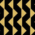 Gold triangle row, geometric seamless pattern black golden shimmer glitter background for design Royalty Free Stock Photo