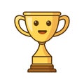 Gold trophy cartoon character. First place champion trophy cup in flat style. Vector flat outline icon
