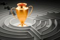 Gold trophy cup award inside labyrinth maze. 3D rendering Royalty Free Stock Photo