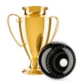 Gold trophy cup award with lawn bowls ball, 3D rendering