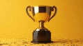 Gold trophy cup on black base with gold confetti on yellow background Royalty Free Stock Photo