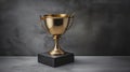 Gold trophy cup on concrete stone grey background