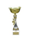 Gold trophy cup on pedestal with blank space Royalty Free Stock Photo