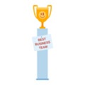 Gold trophy cup on pedestal with smiley face and sign saying Best Business Team. Corporate achievement and team success Royalty Free Stock Photo