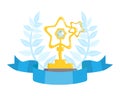 Gold trophy cup in shape of a star with diamond on blue ribbon, laurel wreath. Award ceremony and winner prize vector