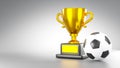 Gold trophy cup and soccer ball or football on gray background with copy space . 3D rendering Royalty Free Stock Photo