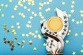 Gold trophy Cup with stars Celebrating success on a blue background Royalty Free Stock Photo
