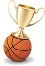 Gold trophy cup on top of the basketball ball Royalty Free Stock Photo