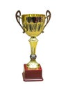 Gold trophy cup on wood pedestal