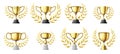 Gold trophy cups. Golden winners trophy with laurel wreath, champion cup realistic vector illustration set Royalty Free Stock Photo