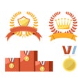 Gold trophy medals and emblems isolated illustrations set