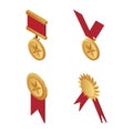 Gold trophy medals with red ribbons isometric illustration isolated on a white background.