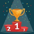 Gold trophy prize cup on podium vector illustration in cartoon style