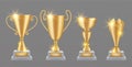 Gold trophy. Realistic golden award cups collection. Shine trophies isolated on transparent background