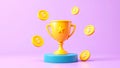 A gold trophy with a star on top and a pile of coins below it Royalty Free Stock Photo