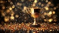 A gold trophy on a wooden table with confetti