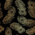 Gold Tropical Peacock Feather Seamless Pattern on Black Background Royalty Free Stock Photo