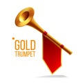 Gold Trumpet Vector. Fanfare Horn. Musical Herald Object. Loud Instrument. Isolated Realistic Illustration Royalty Free Stock Photo