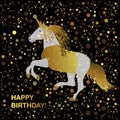 Gold unicorn on a black background. Happy Birthday card