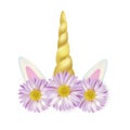 Gold unicorn horn and white ears with flowers isolated on white background. Fantasy cute design element in realistic style. Vector