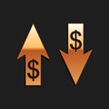 Gold Up and Down arrows with dollar symbol icon isolated on black background. Business concept. Long shadow style Royalty Free Stock Photo