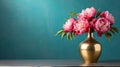 a gold vase filled with pink flowers on top of a table. generative ai