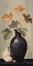 Organic Black Vase With Leaves - Inspired By Kadir Nelson\'s Style