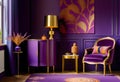 Gold vase on violet cabinet next to a chair in purple