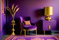 Gold vase on violet cabinet next to a chair in purple